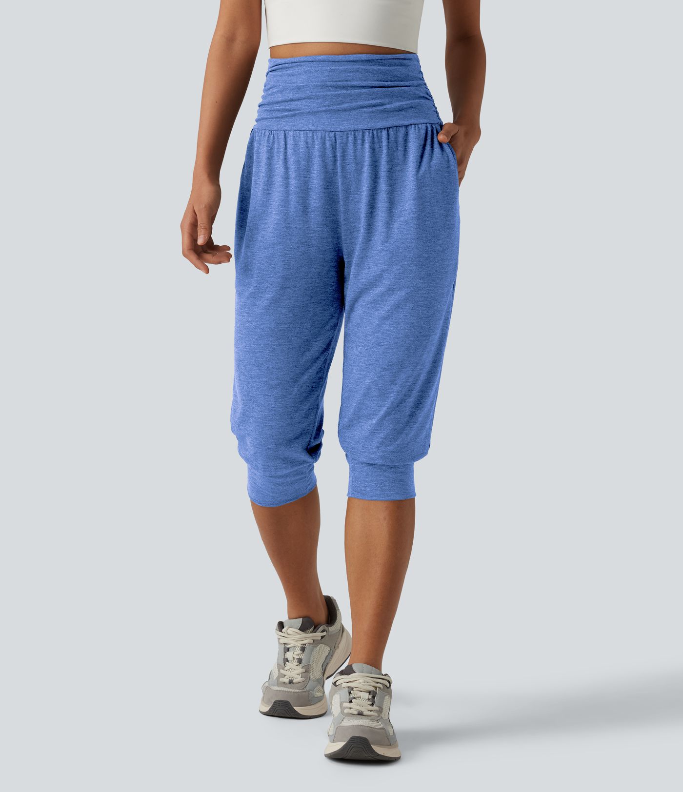 High Waisted Ruched Heathered Yoga Pedal Pushers Joggers with Pockets High Waisted Ruched Heathered Yoga Pedal Pushers Joggers with Pockets