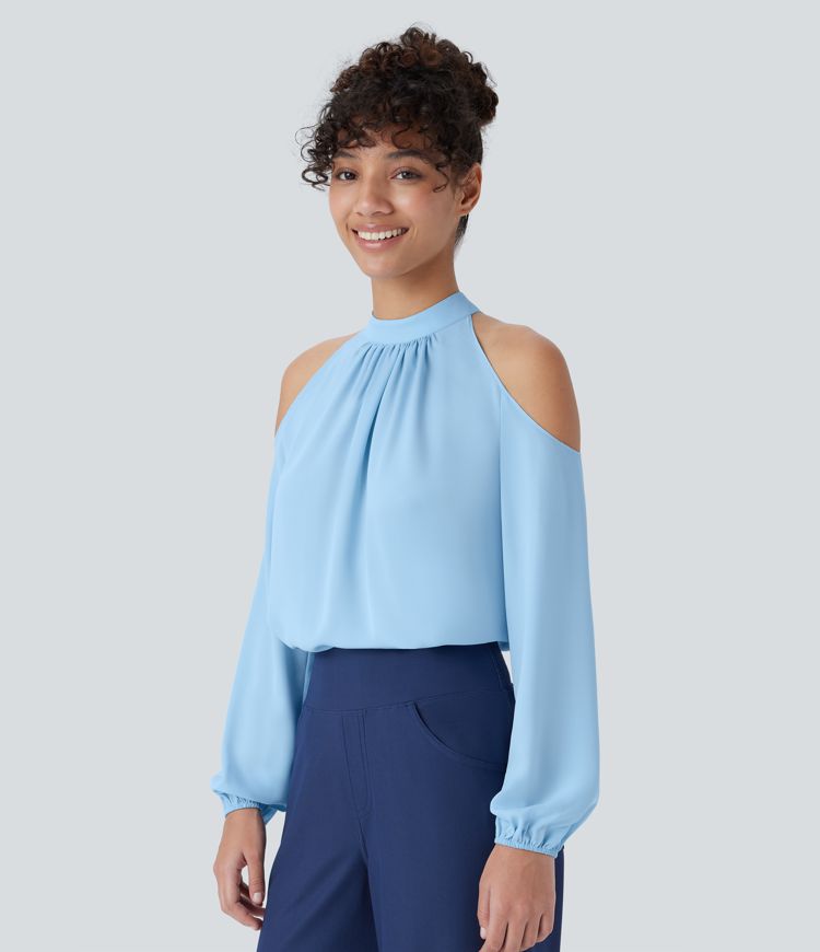 Stand Collar Cold Shoulder Bishop Sleeve Casual Blouse