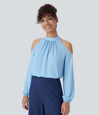 Stand Collar Cold Shoulder Bishop Sleeve Casual Blouse