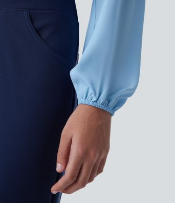 Stand Collar Cold Shoulder Bishop Sleeve Casual Blouse