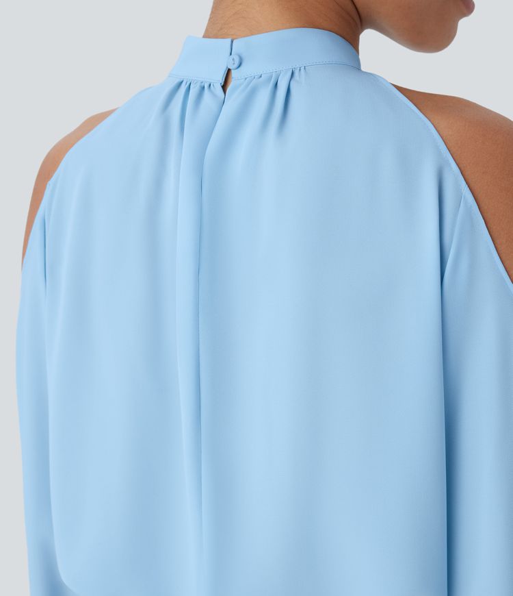 Stand Collar Cold Shoulder Bishop Sleeve Casual Blouse
