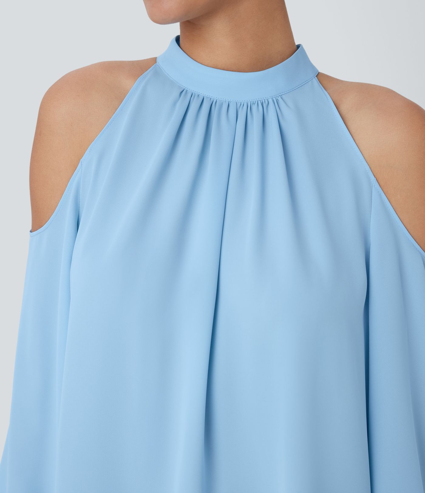 Stand Collar Cold Shoulder Bishop Sleeve Casual Blouse