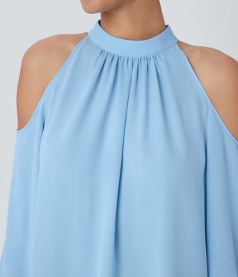 Stand Collar Cold Shoulder Bishop Sleeve Casual Blouse