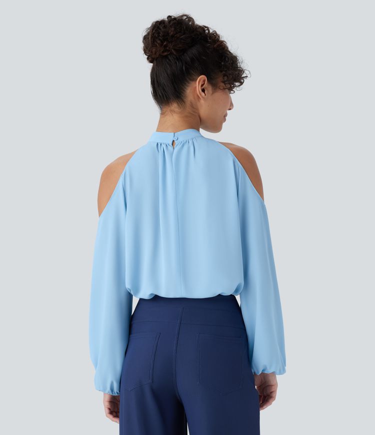 Stand Collar Cold Shoulder Bishop Sleeve Casual Blouse