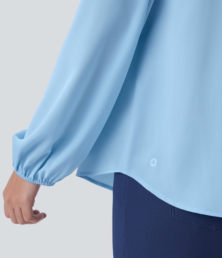 Stand Collar Cold Shoulder Bishop Sleeve Casual Blouse