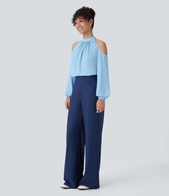 Stand Collar Cold Shoulder Bishop Sleeve Casual Blouse