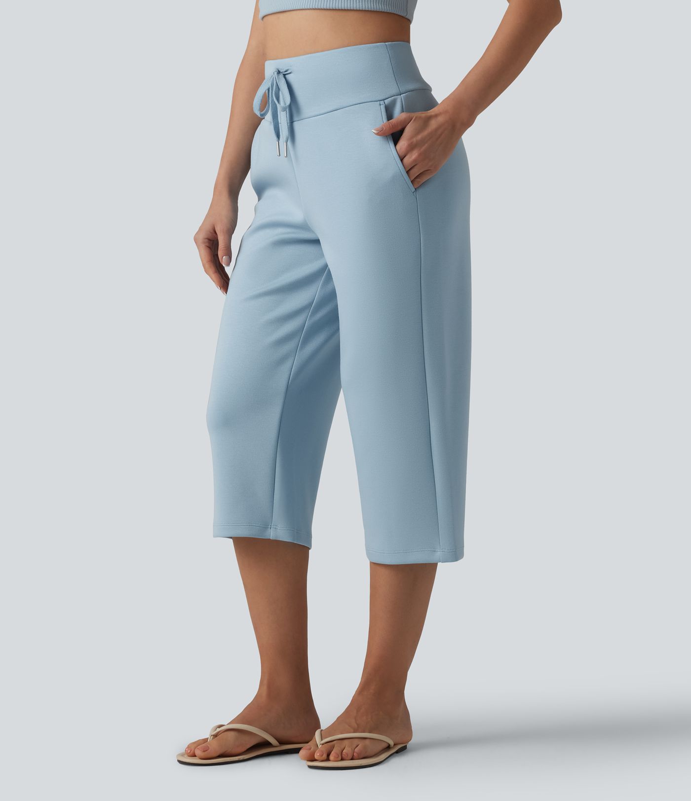 High Waisted Drawstring Straight Leg Capri Casual Pants with Pockets High Waisted Drawstring Straight Leg Capri Casual Pants with Pockets