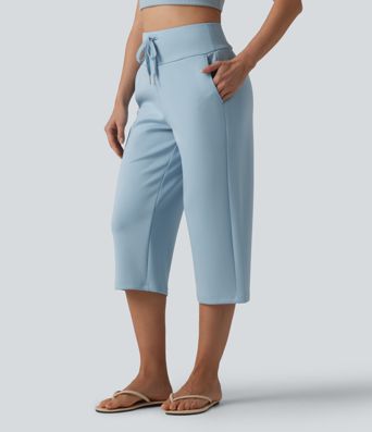 High Waisted Drawstring Straight Leg Capri Casual Pants with Pockets High Waisted Drawstring Straight Leg Capri Casual Pants with Pockets