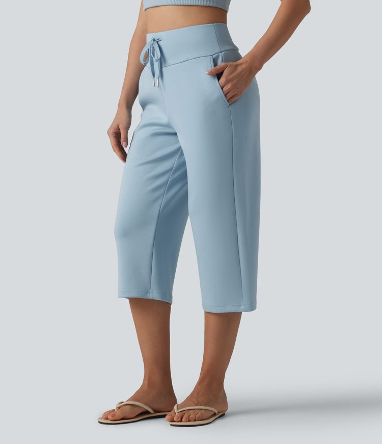 High Waisted Drawstring Straight Leg Capri Casual Pants with Pockets High Waisted Drawstring Straight Leg Capri Casual Pants with Pockets