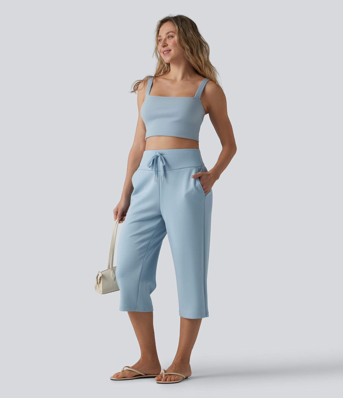High Waisted Drawstring Straight Leg Capri Casual Pants with Pockets High Waisted Drawstring Straight Leg Capri Casual Pants with Pockets