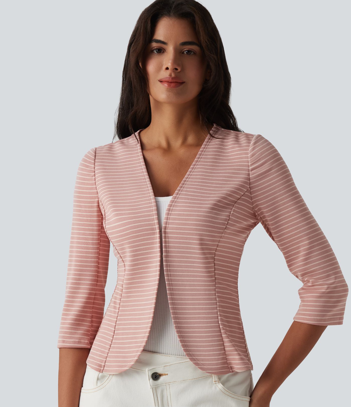 Ribbed Knit V Neck Open Front 3/4 Sleeve Stripe Casual Blazer Ribbed Knit V Neck Open Front 3/4 Sleeve Stripe Casual Blazer