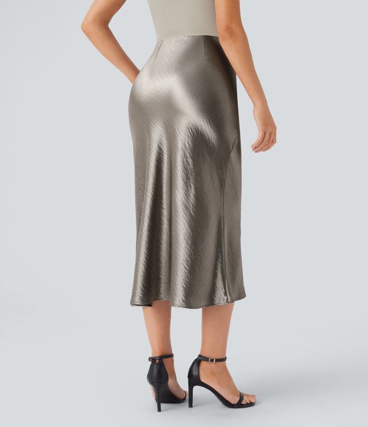 Jupe de midi sirène en satin taille haute avec fermeture éclair invisible