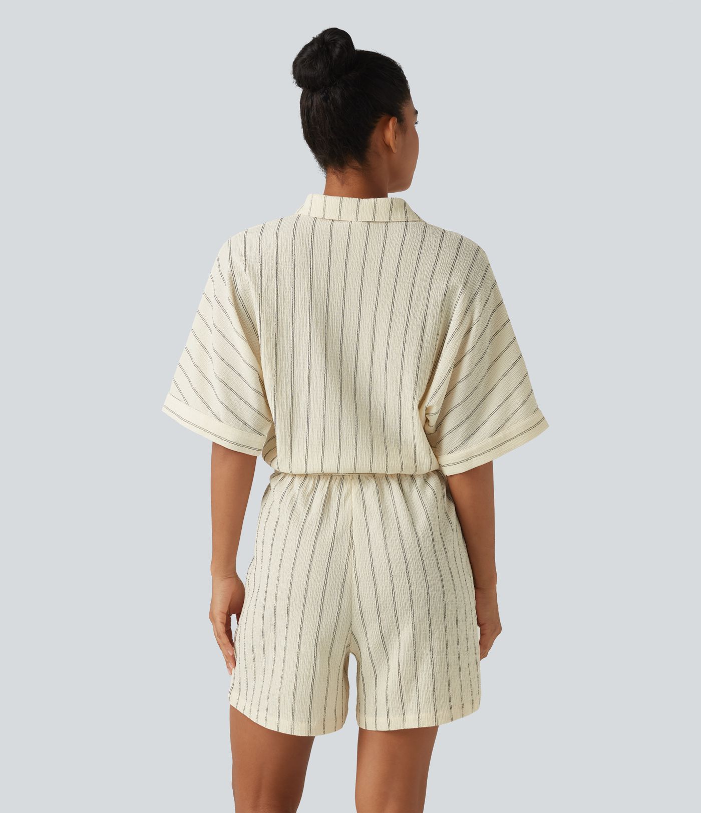 Collar Batwing Sleeve Tie Stripes Casual Romper with Pockets-Easy Peezy