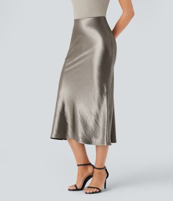 Jupe de midi sirène en satin taille haute avec fermeture éclair invisible