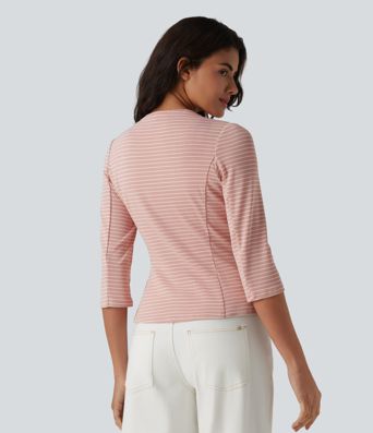 Ribbed Knit V Neck Open Front 3/4 Sleeve Stripe Casual Blazer Ribbed Knit V Neck Open Front 3/4 Sleeve Stripe Casual Blazer