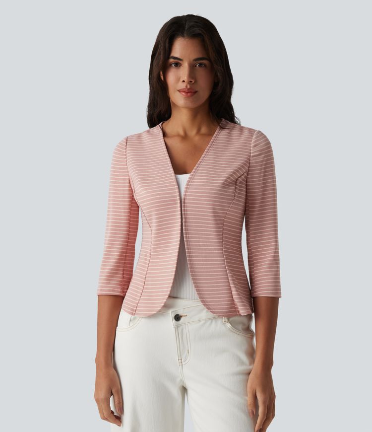 Ribbed Knit V Neck Open Front 3/4 Sleeve Stripe Casual Blazer Ribbed Knit V Neck Open Front 3/4 Sleeve Stripe Casual Blazer