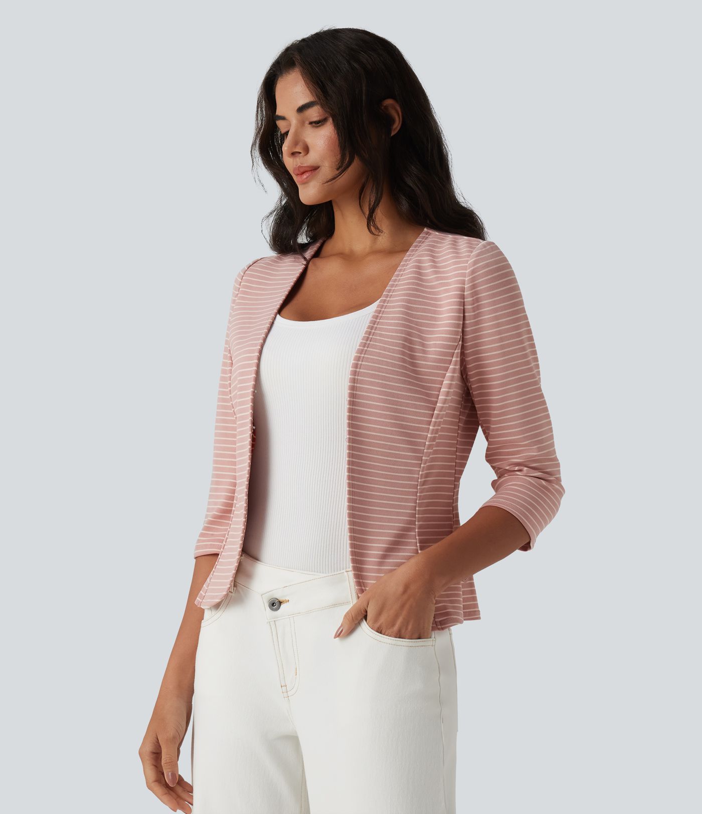 Ribbed Knit V Neck Open Front 3/4 Sleeve Stripe Casual Blazer Ribbed Knit V Neck Open Front 3/4 Sleeve Stripe Casual Blazer