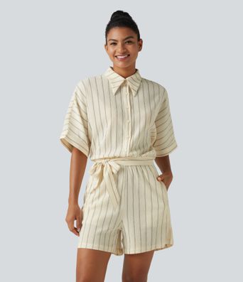 Collar Batwing Sleeve Tie Stripes Casual Romper with Pockets-Easy Peezy