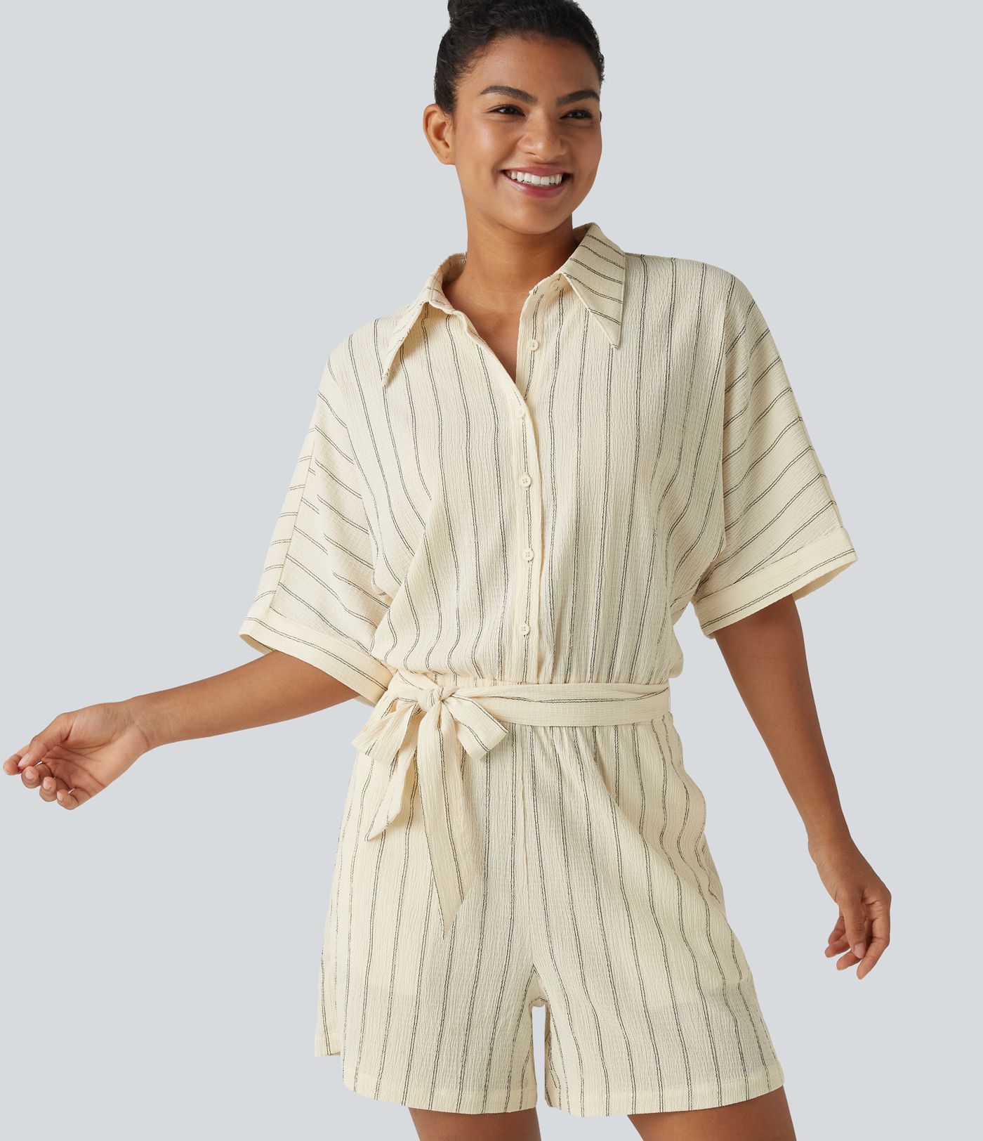 Collar Batwing Sleeve Tie Stripes Casual Romper with Pockets-Easy Peezy