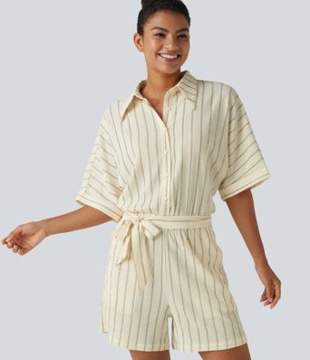 Collar Batwing Sleeve Tie Stripes Casual Romper with Pockets-Easy Peezy