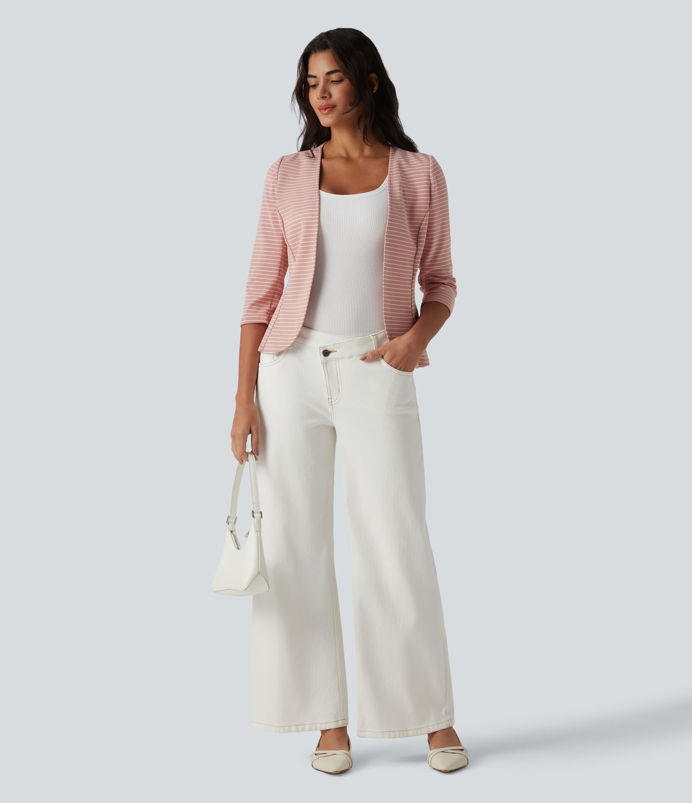 Ribbed Knit V Neck Open Front 3/4 Sleeve Stripe Casual Blazer Ribbed Knit V Neck Open Front 3/4 Sleeve Stripe Casual Blazer