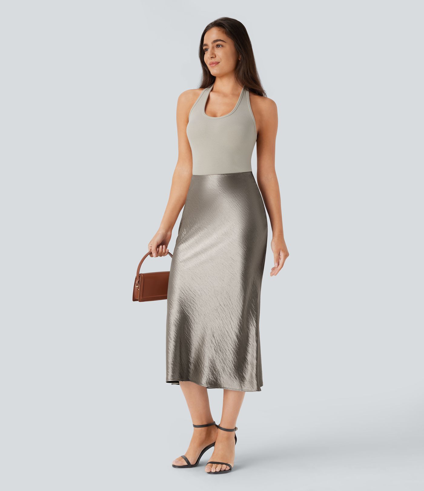 Jupe de midi sirène en satin taille haute avec fermeture éclair invisible