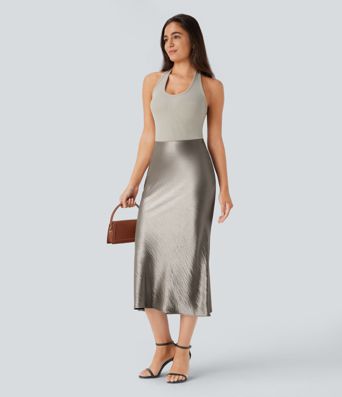 Jupe de midi sirène en satin taille haute avec fermeture éclair invisible