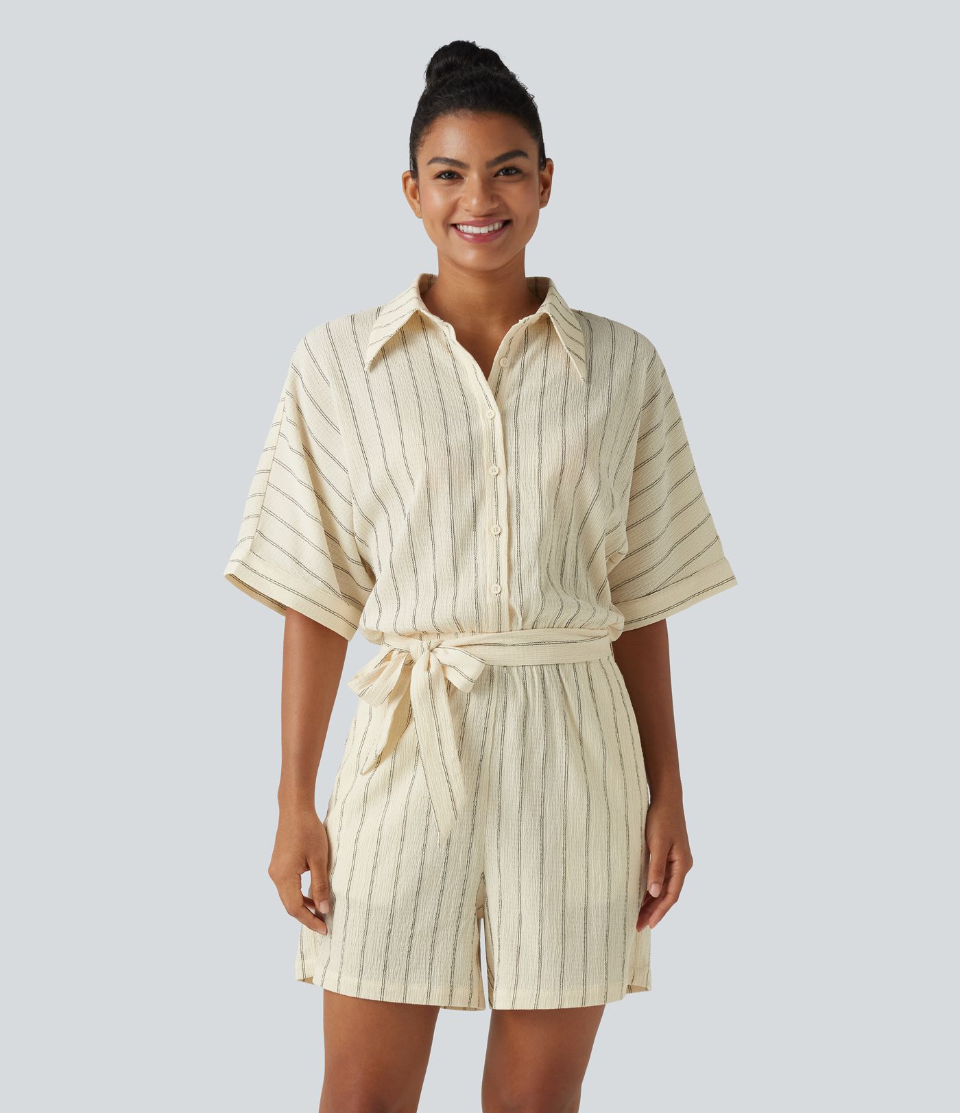 Collar Batwing Sleeve Tie Stripes Casual Romper with Pockets-Easy Peezy