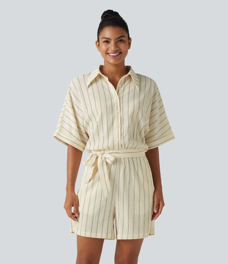 Collar Batwing Sleeve Tie Stripes Casual Romper with Pockets-Easy Peezy
