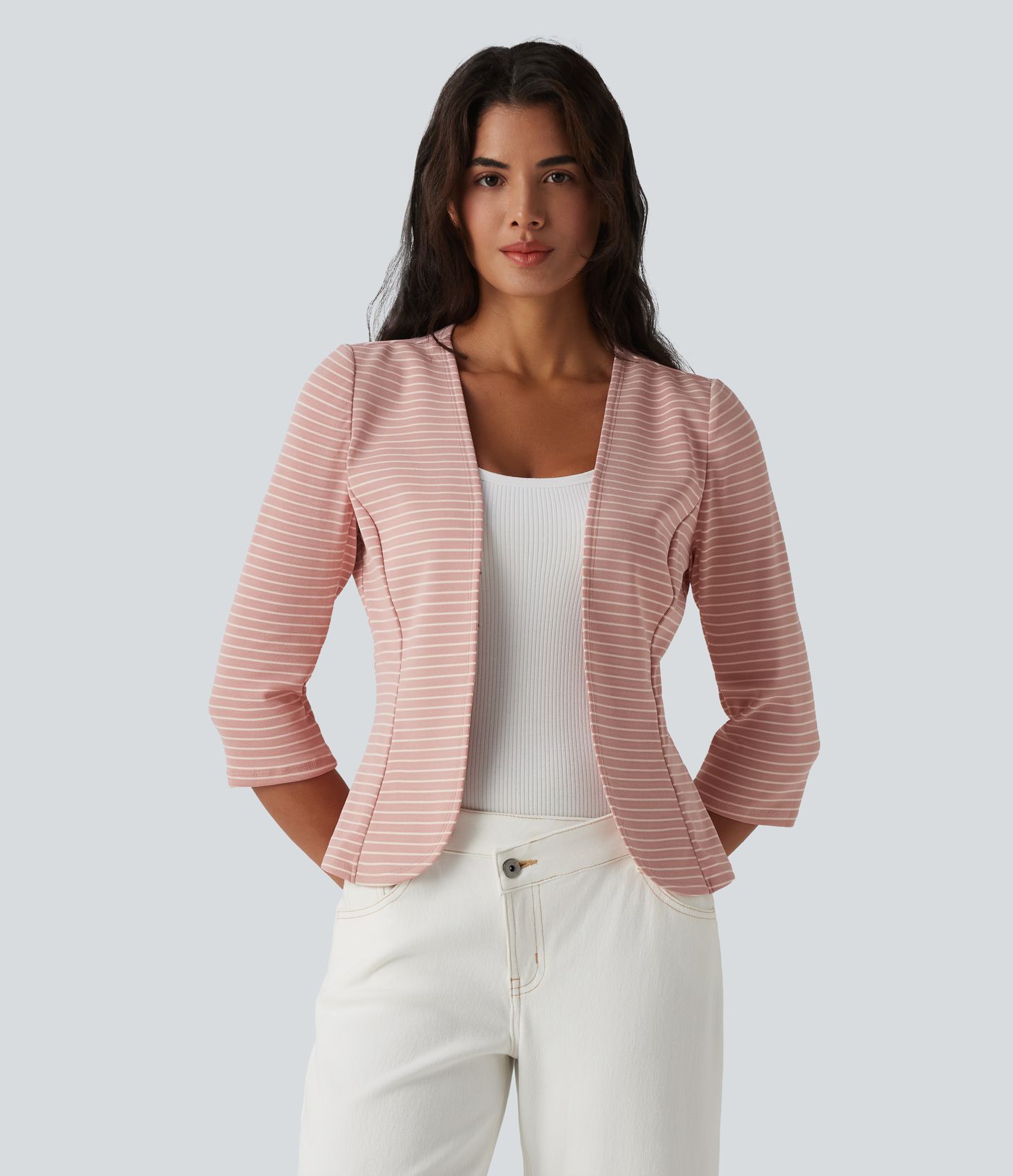 Ribbed Knit V Neck Open Front 3/4 Sleeve Stripe Casual Blazer Ribbed Knit V Neck Open Front 3/4 Sleeve Stripe Casual Blazer