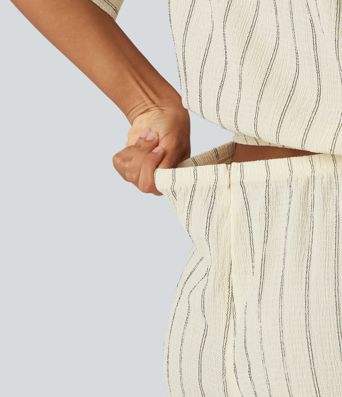 Collar Batwing Sleeve Tie Stripes Casual Romper with Pockets-Easy Peezy