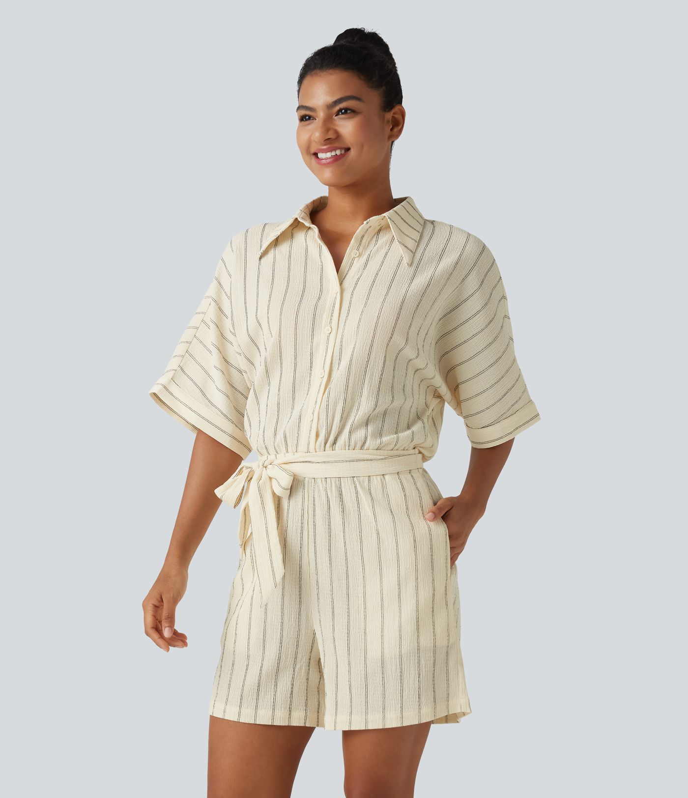Collar Batwing Sleeve Tie Stripes Casual Playsuit with Pockets-Easy Peezy