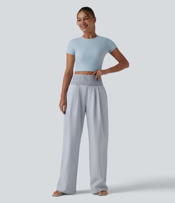 Lässige, geraffte Hose mit hohem Crinkle-Bund, Seitentaschen und weitem Bein - schnelltrocknend