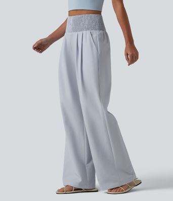 Lässige, geraffte Hose mit hohem Crinkle-Bund, Seitentaschen und weitem Bein - schnelltrocknend