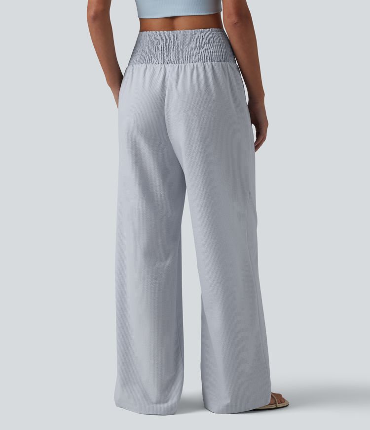 Lässige, geraffte Hose mit hohem Crinkle-Bund, Seitentaschen und weitem Bein - schnelltrocknend
