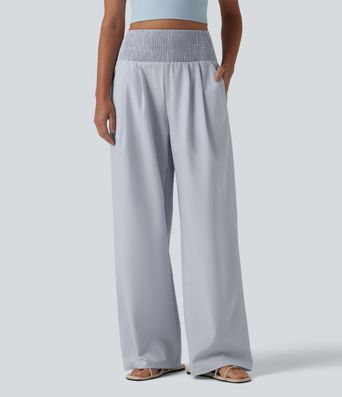 Lässige, geraffte Hose mit hohem Crinkle-Bund, Seitentaschen und weitem Bein - schnelltrocknend