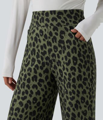 Pantalon large décontracté taille haute gaufré imprimé léopard avec poches