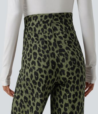 Pantalon large décontracté taille haute gaufré imprimé léopard avec poches