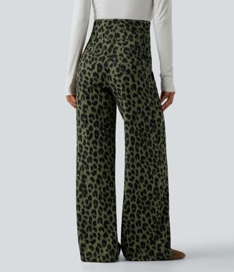 Pantalon large décontracté taille haute gaufré imprimé léopard avec poches