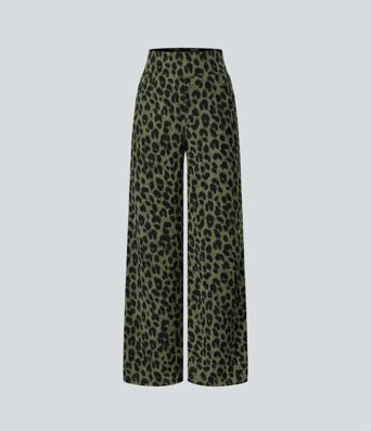 Pantalon large décontracté taille haute gaufré imprimé léopard avec poches