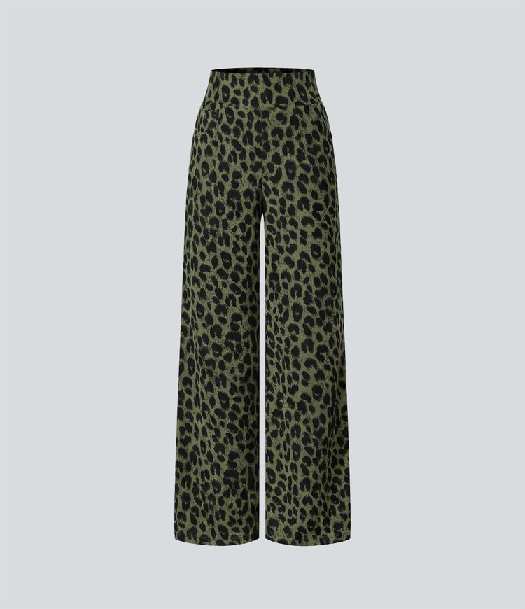 Pantalon large décontracté taille haute gaufré imprimé léopard avec poches