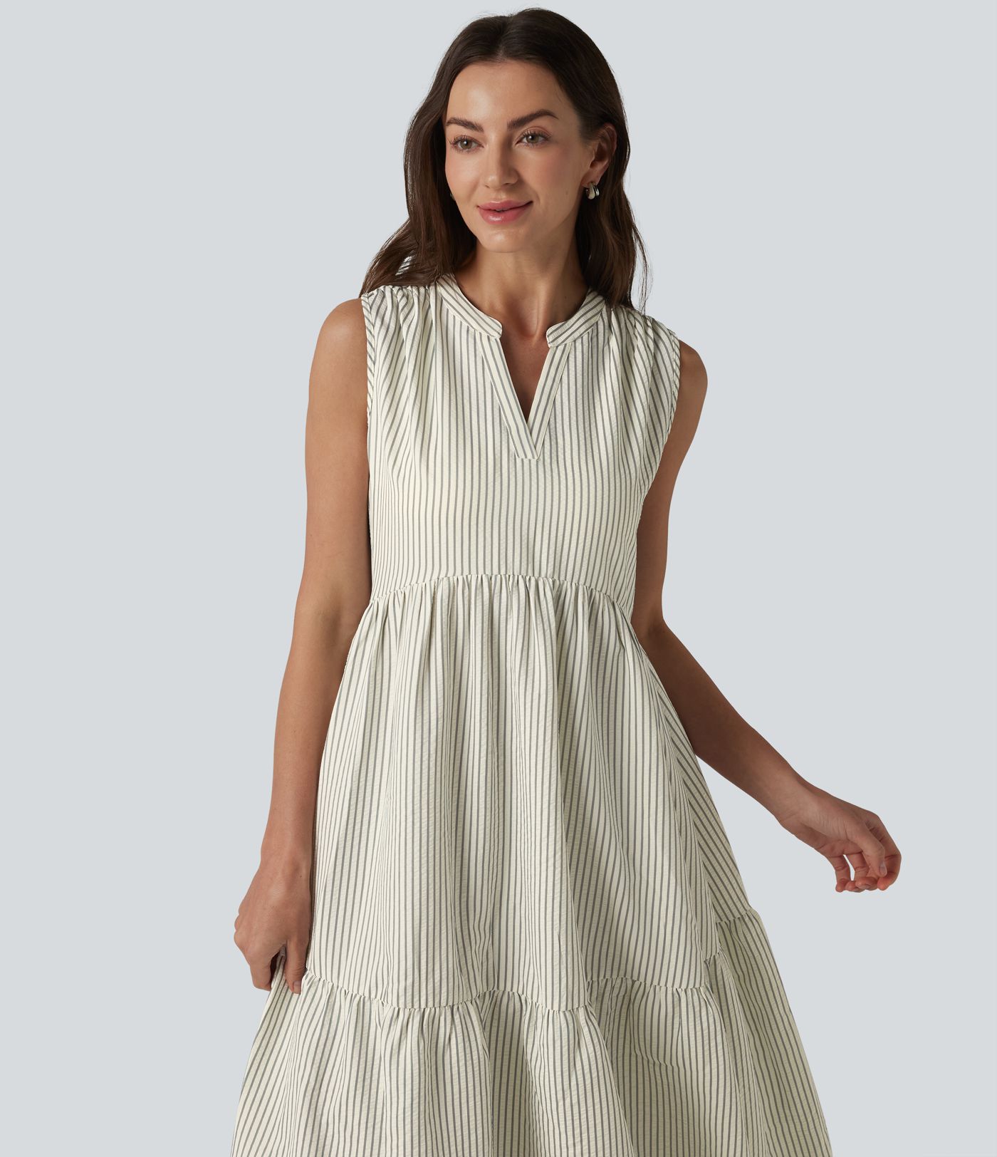 V Neck Built-in Bra Sleeveless Stripe Midi Dress V Neck Built-in Bra Sleeveless Stripe Midi Dress