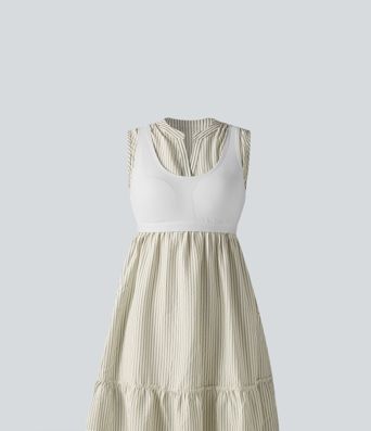 V Neck Built-in Bra Sleeveless Stripe Midi Dress V Neck Built-in Bra Sleeveless Stripe Midi Dress