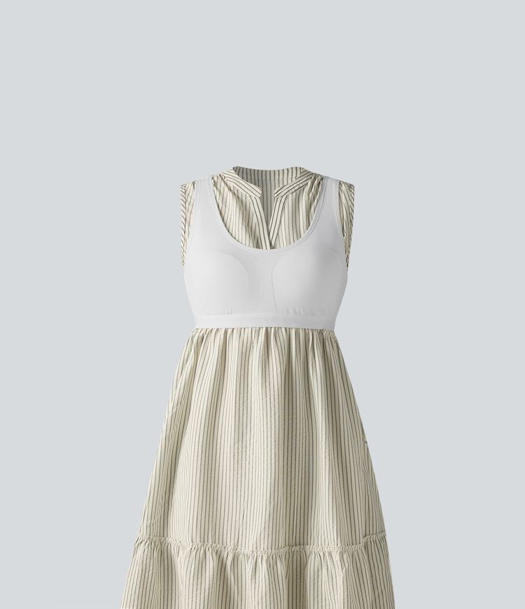 V Neck Built-in Bra Sleeveless Stripe Midi Dress V Neck Built-in Bra Sleeveless Stripe Midi Dress