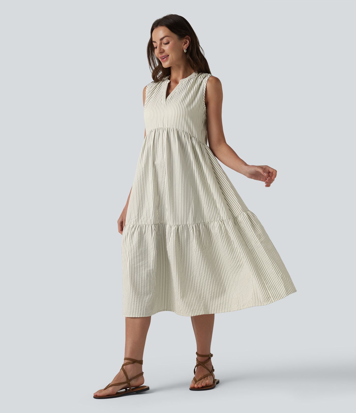 V Neck Built-in Bra Sleeveless Stripe Midi Dress V Neck Built-in Bra Sleeveless Stripe Midi Dress