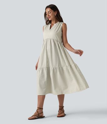 V Neck Built-in Bra Sleeveless Stripe Midi Dress V Neck Built-in Bra Sleeveless Stripe Midi Dress