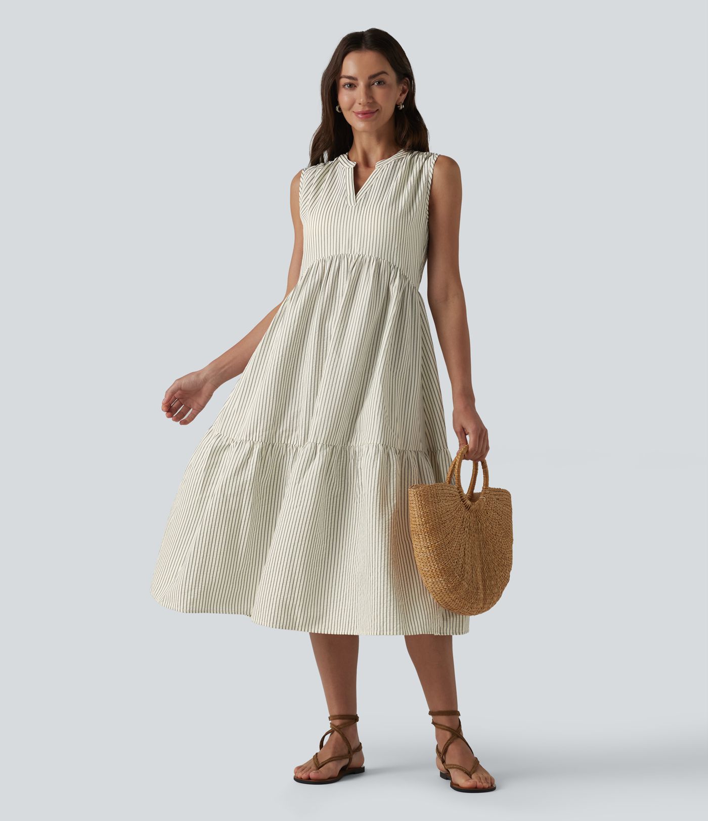V Neck Built-in Bra Sleeveless Stripe Midi Dress V Neck Built-in Bra Sleeveless Stripe Midi Dress