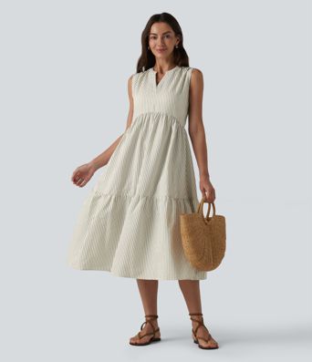 V Neck Built-in Bra Sleeveless Stripe Midi Dress V Neck Built-in Bra Sleeveless Stripe Midi Dress