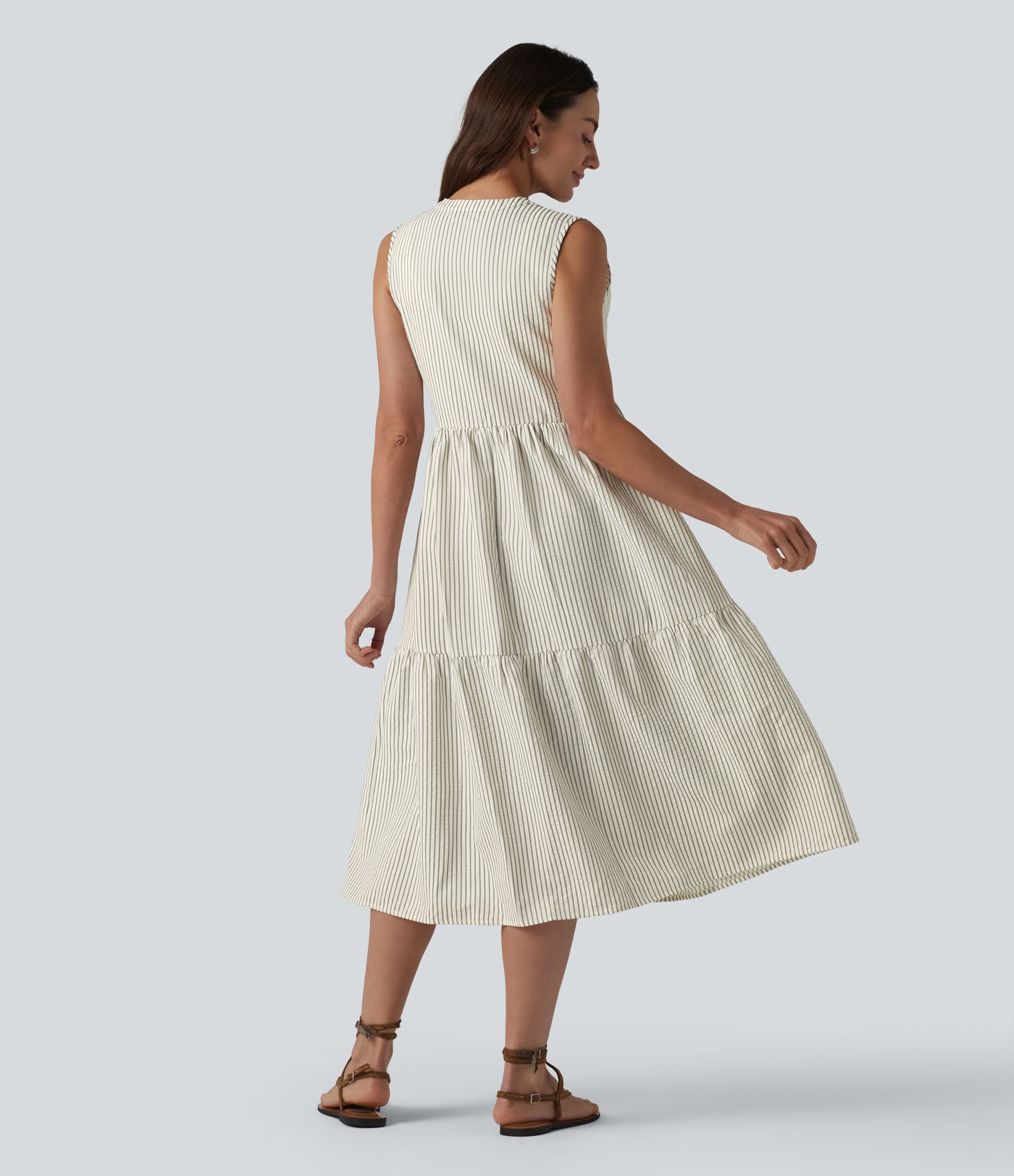 V Neck Built-in Bra Sleeveless Stripe Midi Dress V Neck Built-in Bra Sleeveless Stripe Midi Dress