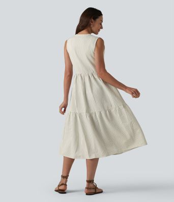 V Neck Built-in Bra Sleeveless Stripe Midi Dress V Neck Built-in Bra Sleeveless Stripe Midi Dress